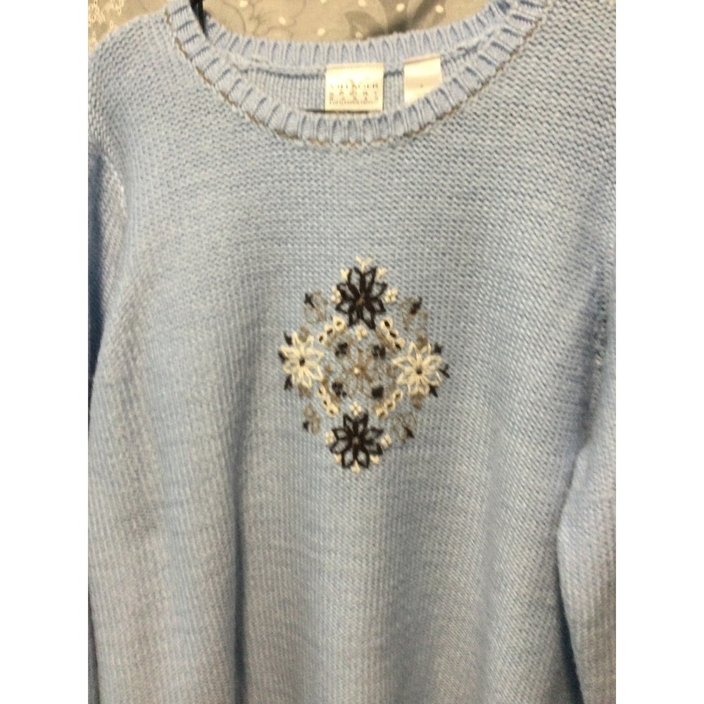 Villager Sport Embroidered Knit Sweater Blue Floral Accent Beads Womens - Picture 2 of 10
